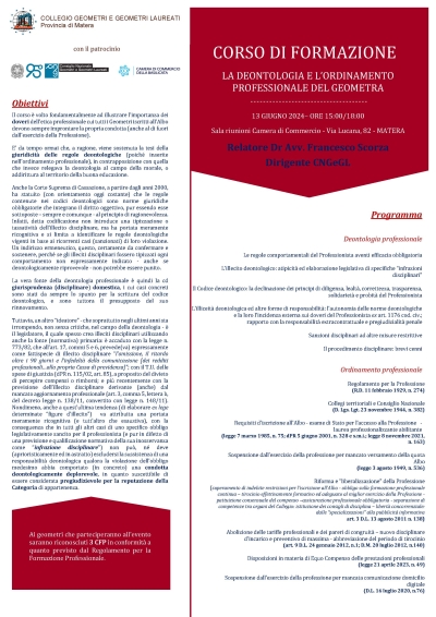 CORSO DI FORMAZIONE LA DEONTOLOGIA E L’ORDINAMENTO PROFESSIONALE DEL GEOMETRA